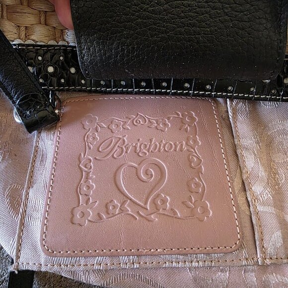 Brighton Straw & Black Leather Woven Tote Bag Heart Charm Polka Dot Trim Purse - Picture 4 of 16